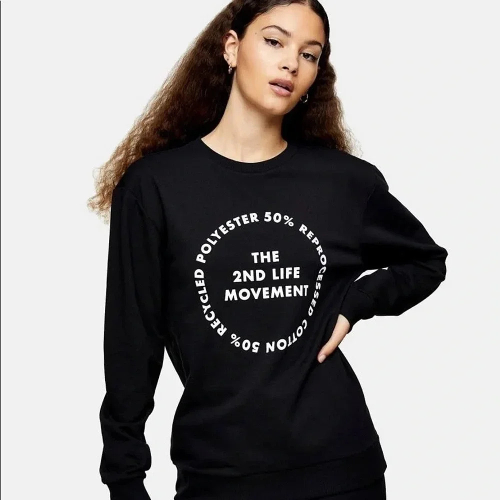 Topshop Black Sweatshirt 2nd Life Movement Slogan Pullover Recycled Leisure